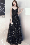 Vestido Largo de Gala Negro Hermoso y Elegante con Encaje en Línea A y Estrellas PSK173