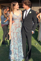 Vestido de festa comprido com decote em V, sem mangas e com alças finas, em renda, PSK087