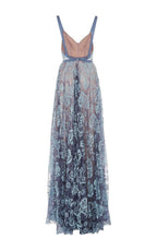 Vestido de festa comprido com decote em V, sem mangas e com alças finas, em renda, PSK087