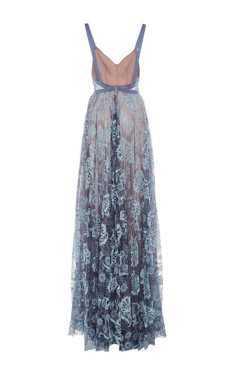 Vestido de festa comprido com decote em V, sem mangas e com alças finas, em renda, PSK087