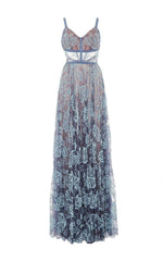 A Line Floor Length V Neck Spaghetti Sleeveless Lace Prom Dress PSK087