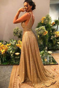 A-Linie Gold Pailletten Empire Ballkleid Lang 2020 Sweep Train PSK152