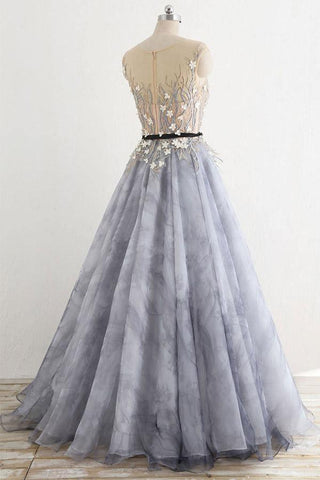 A-line Gray Rround Neck Tulle Long Prom Dress Grey Evening Dress   PSK010