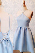 A-Linie Neckholder-Abendkleid mit Schnürung und über dem Knie, blau, Stretch-Satin, PD403