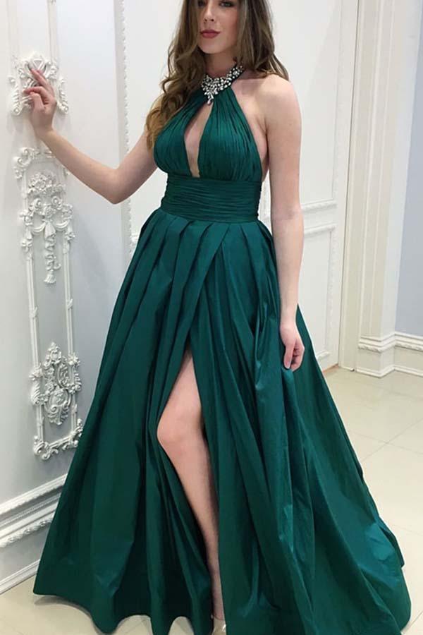 Vestido de festa comprido verde escuro com decote halter e costas nuas, corte A, com missangas, PG675