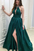 A-Linie Neckholder Rückenfrei Bodenlang Dunkelgrün Ballkleid mit Perlenbesatz PG675