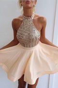 Robe de cocktail/bal de promo rose en mousseline avec sequins et bretelles fines, coupe A, modèle PD064