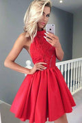A-Linie Neckholder Ärmellos Kurzes Rotes Satin Homecoming Kleid mit Spitze PD050