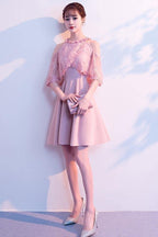 A-line High Neck Satin Pink Homecoming Dresses Party Dresses PD089