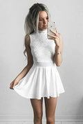 Abito da ballo bianco in chiffon a linea A con collo alto e pizzo PD011