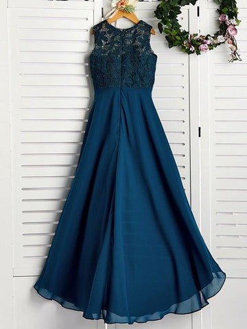 A-Linien-Brautjungfernkleid mit Rundhalsausschnitt und asymmetrischer Chiffonspitze