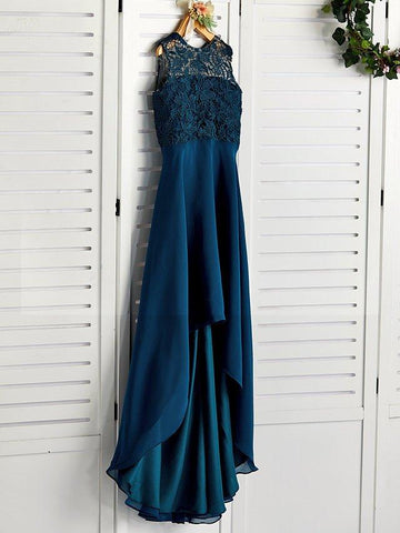 A-Linien-Brautjungfernkleid mit Rundhalsausschnitt und asymmetrischer Chiffonspitze