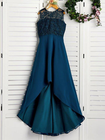 A-Linien-Brautjungfernkleid mit Rundhalsausschnitt und asymmetrischer Chiffonspitze