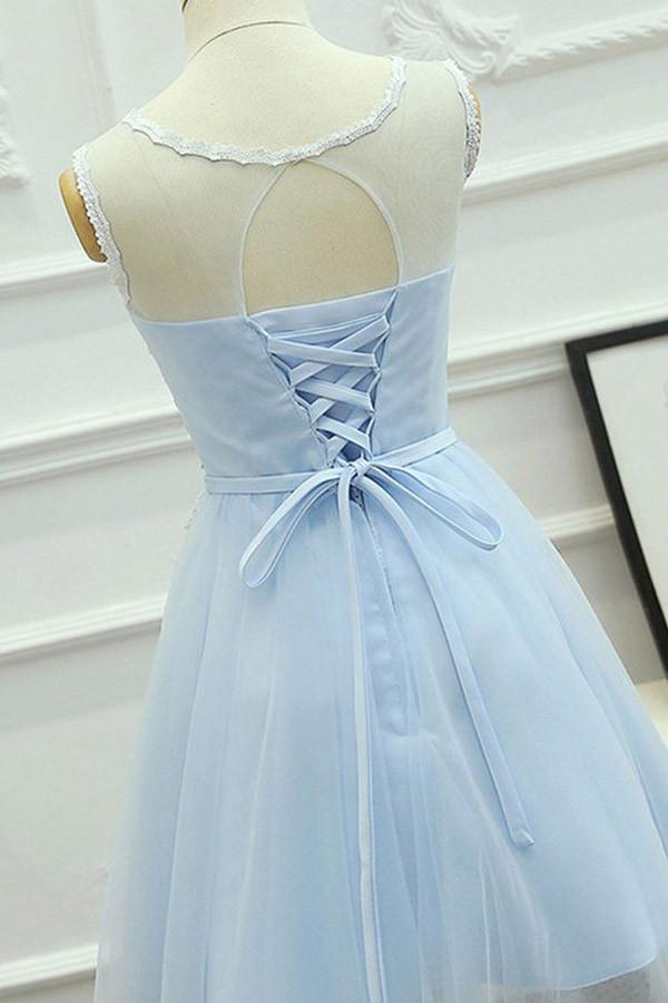 A-Line Jewel Short Blue Tulle Homecoming Dress with Sash Appliques PG121