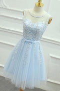 Abito da Homecoming in Tulle Blu Corto con Linea a A e Applicazioni a Fascia PG121