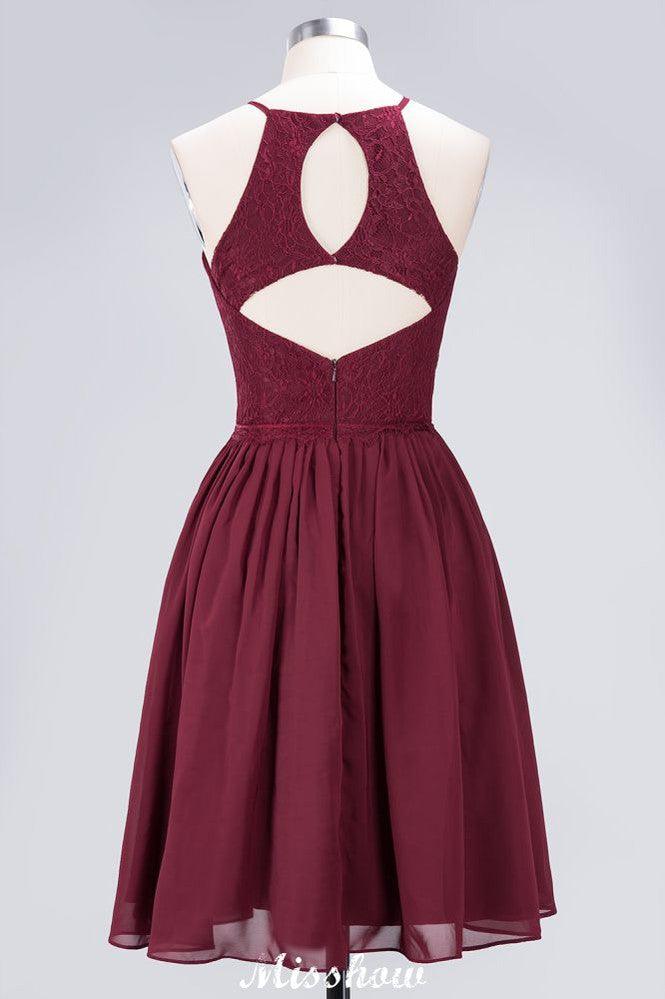 A-line Jewel Sleeveless Knee-Length Bridesmaid Dresses with Ruffle Chiffon Lace Party Dress