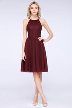 A-line Jewel Sleeveless Knee-Length Bridesmaid Dresses with Ruffle Chiffon Lace Party Dress