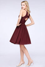 A-line Jewel Sleeveless Knee-Length Bridesmaid Dresses with Ruffle Chiffon Lace Party Dress