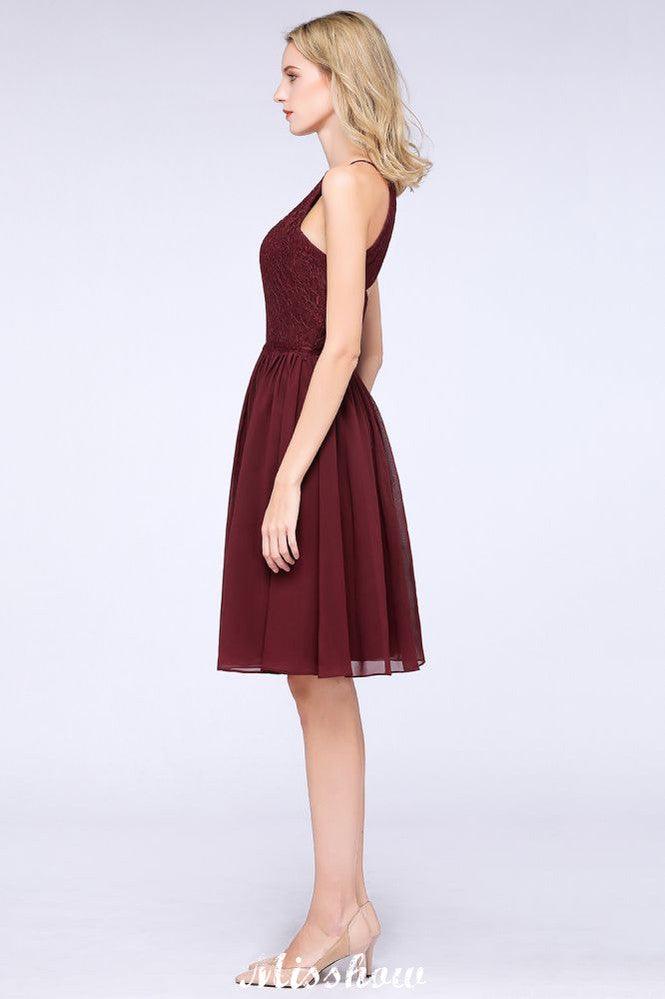 A-line Jewel Sleeveless Knee-Length Bridesmaid Dresses with Ruffle Chiffon Lace Party Dress