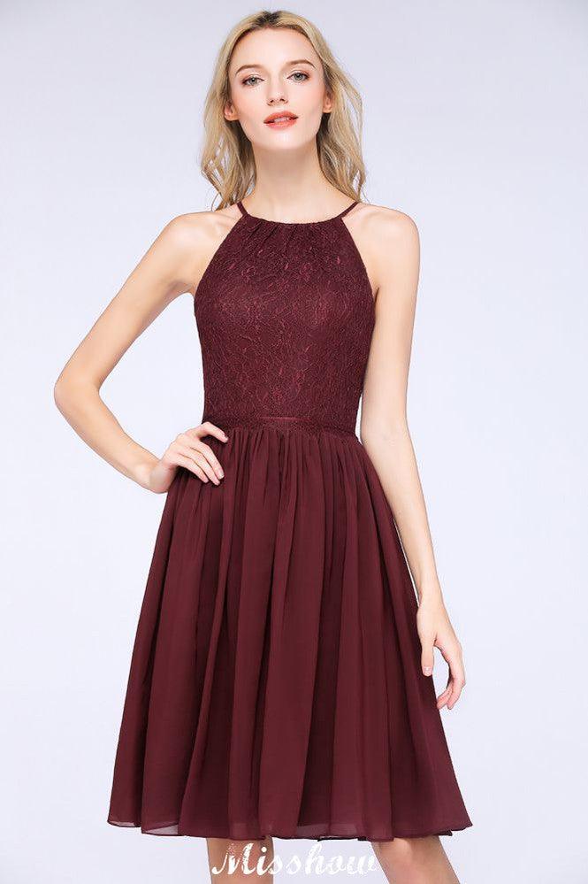 A-line Jewel Sleeveless Knee-Length Bridesmaid Dresses with Ruffle Chiffon Lace Party Dress