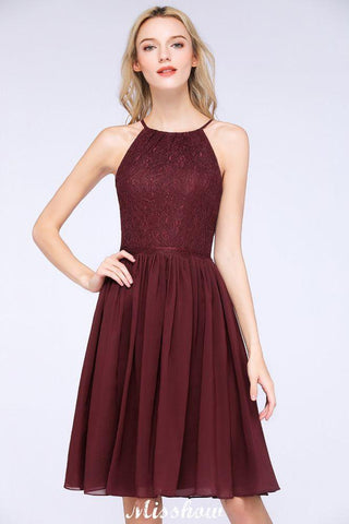 A-Linie Juwel Ärmellos Knielang Brautjungfernkleider mit Rüschen Chiffon Spitze Partykleid