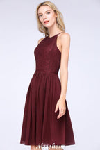 A-line Jewel Sleeveless Knee-Length Bridesmaid Dresses with Ruffle Chiffon Lace Party Dress