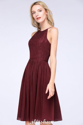 A-Linie Juwel Ärmellos Knielang Brautjungfernkleider mit Rüschen Chiffon Spitze Partykleid