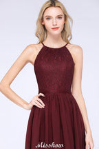 A-line Jewel Sleeveless Knee-Length Bridesmaid Dresses with Ruffle Chiffon Lace Party Dress