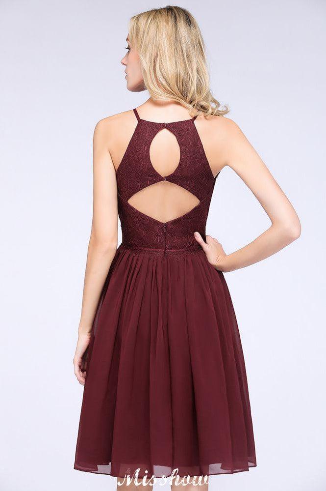 A-line Jewel Sleeveless Knee-Length Bridesmaid Dresses with Ruffle Chiffon Lace Party Dress