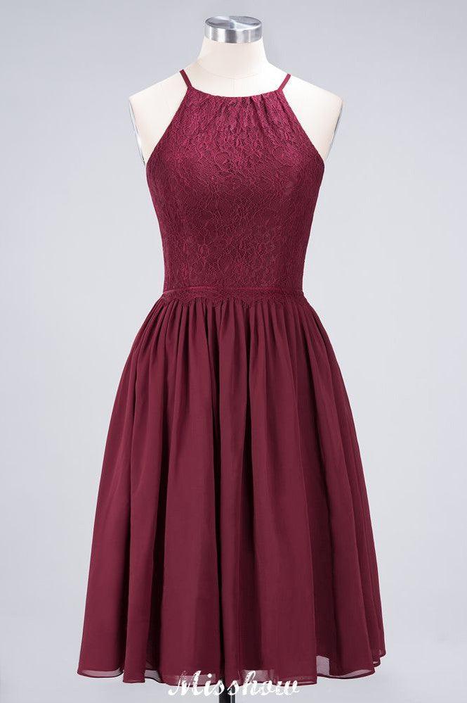 A-line Jewel Sleeveless Knee-Length Bridesmaid Dresses with Ruffle Chiffon Lace Party Dress