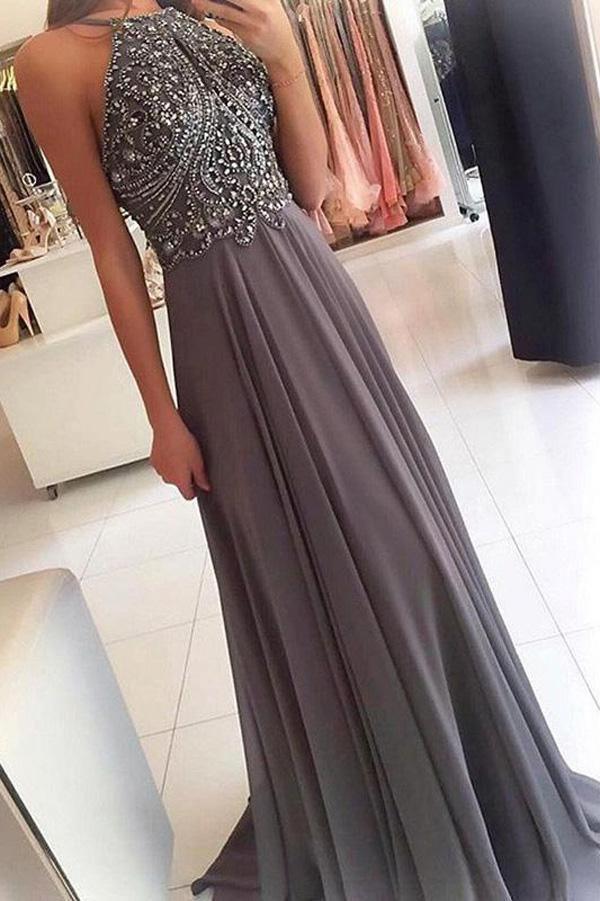 A-Linie Juwel Sweep Schleppe Blau Chiffon Schlüsselloch Rückenfrei Perlen Ballkleid PM210