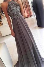A-Linie Juwel Sweep Schleppe Blau Chiffon Schlüsselloch Rückenfrei Perlen Ballkleid PM210