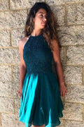 Abito da ballo in chiffon turchese a linea A con pizzo e perline PD226
