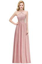 A-line Keyhole Neckline Lace Top Long Spaghetti Bridesmaid Dress