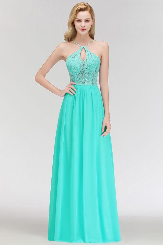 A-line Keyhole Neckline Lace Top Long Spaghetti Bridesmaid Dress