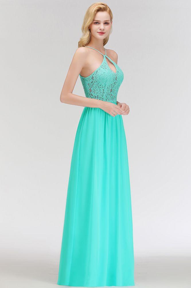 A-line Keyhole Neckline Lace Top Long Spaghetti Bridesmaid Dress