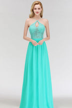 A-line Keyhole Neckline Lace Top Long Spaghetti Bridesmaid Dress