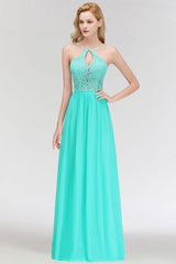 A-line Keyhole Neckline Lace Top Long Spaghetti Bridesmaid Dress