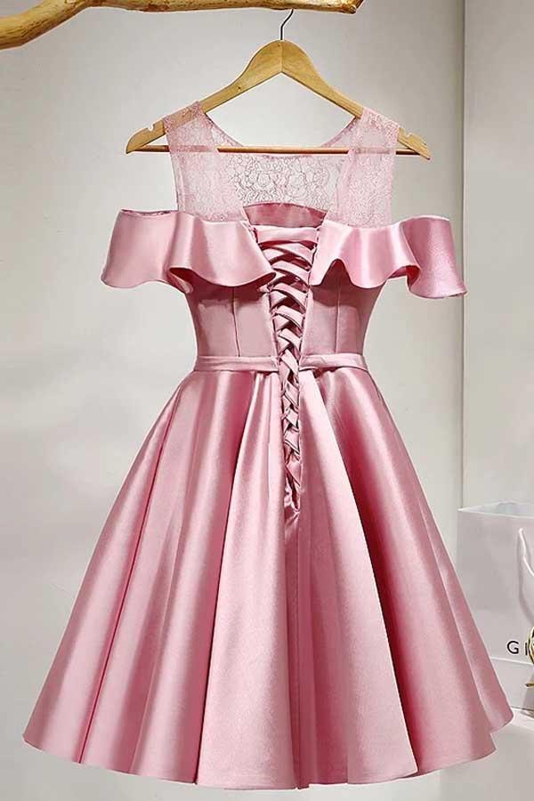A-Line Knee-Length Cold Shoulder Pink Satin Homecoming Dress With Lace  PD121