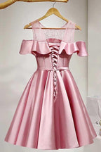 A-Line Knee-Length Cold Shoulder Pink Satin Homecoming Dress With Lace  PD121