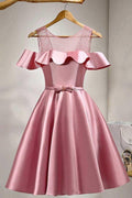 Vestido de satén rosa para el baile de bienvenida, con hombros descubiertos, encaje y corte en A hasta la rodilla  PD121