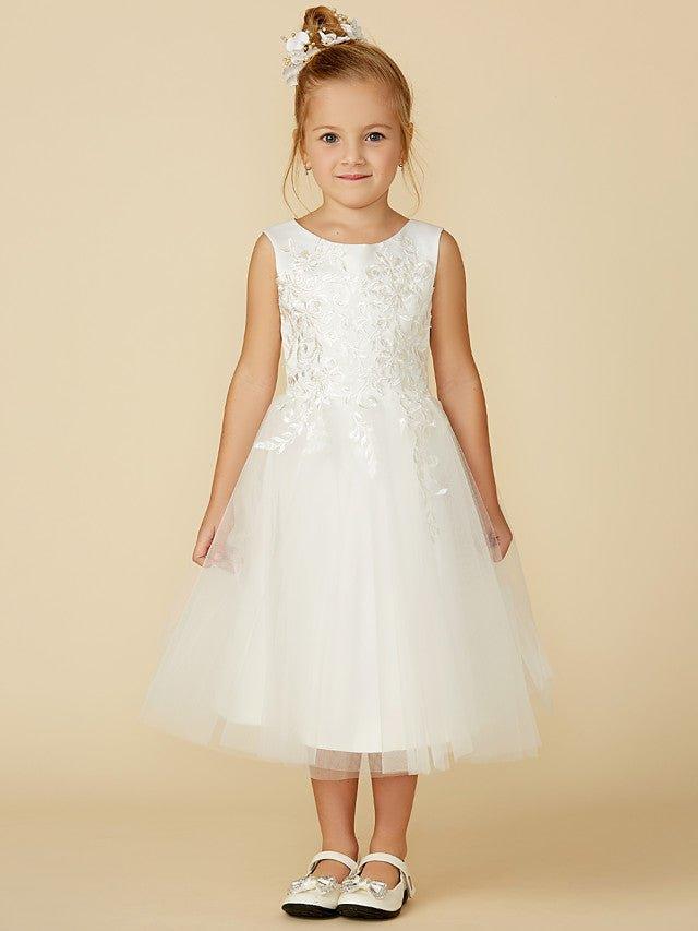 NumberSea - A - Line Lace Tulle Sleeveless Jewel Neck Wedding First Communion Flower Girl Dresses