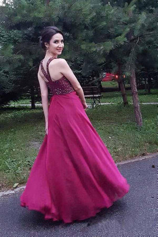 A-line Long Chiffon Formal Evening Halter Beaded Prom Dresses   PG968