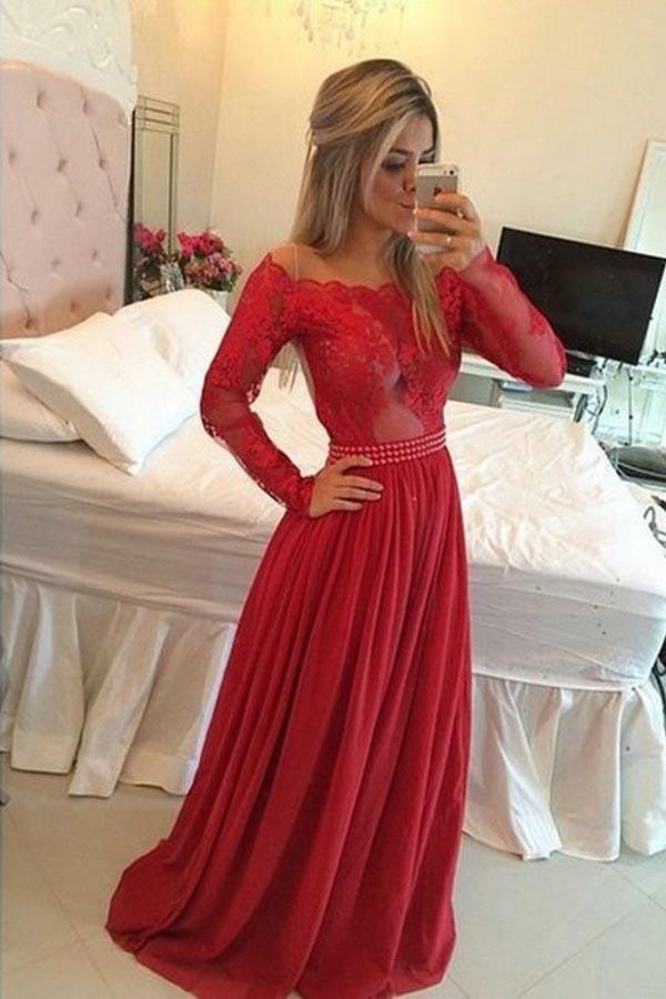 Vestido de festa comprido com mangas ilusórias e aplicações de missangas, em chiffon vermelho PM205