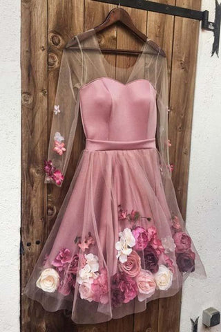 A-Linie Lange Ärmel Kurze Weiße Blumen Ballkleider Homecoming Kleider PD346