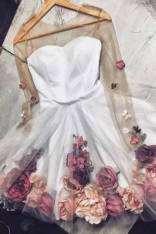 A-Linie Lange Ärmel Kurze Weiße Blumen Ballkleider Homecoming Kleider PD346