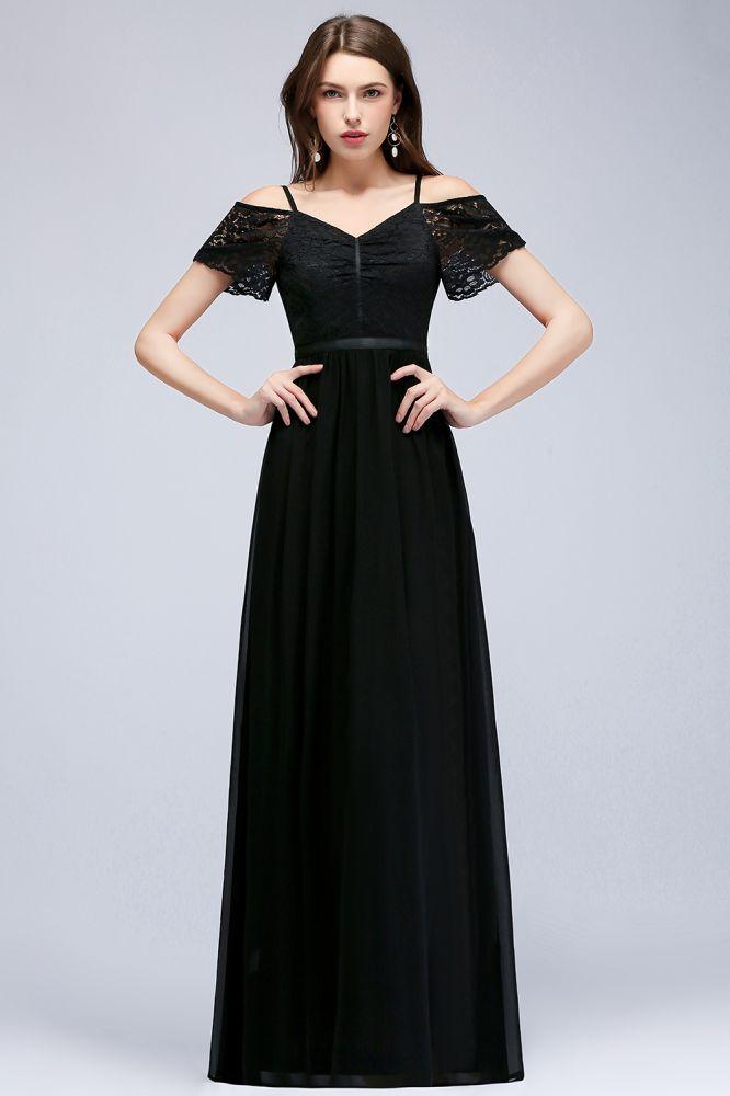 A-line Long Spaghetti V-neck Black Lace Chiffon Bridesmaid Dress
