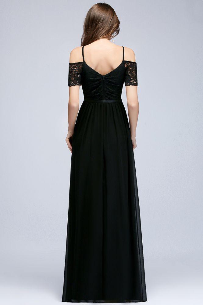 A-line Long Spaghetti V-neck Black Lace Chiffon Bridesmaid Dress