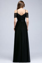 A-line Long Spaghetti V-neck Black Lace Chiffon Bridesmaid Dress