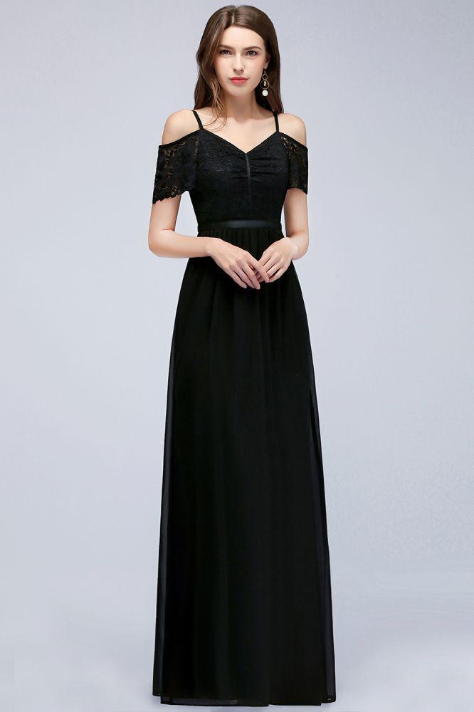 A-line Long Spaghetti V-neck Black Lace Chiffon Bridesmaid Dress
